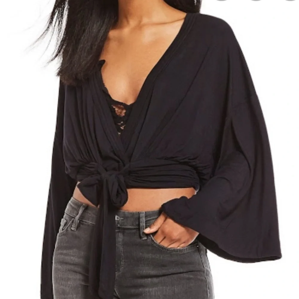 FREE PEOPLE That’s A Wrap Wide Sleeve Kimono Wrap Knit Top Shirt